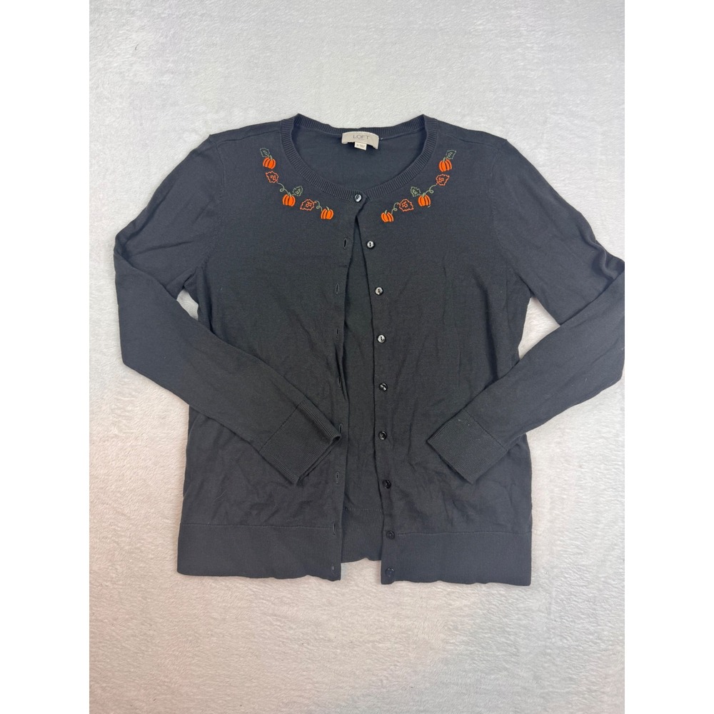 Loft Outlet Womens Medium Black Embroidered Pumpkin Fall Cardigan Sweater
